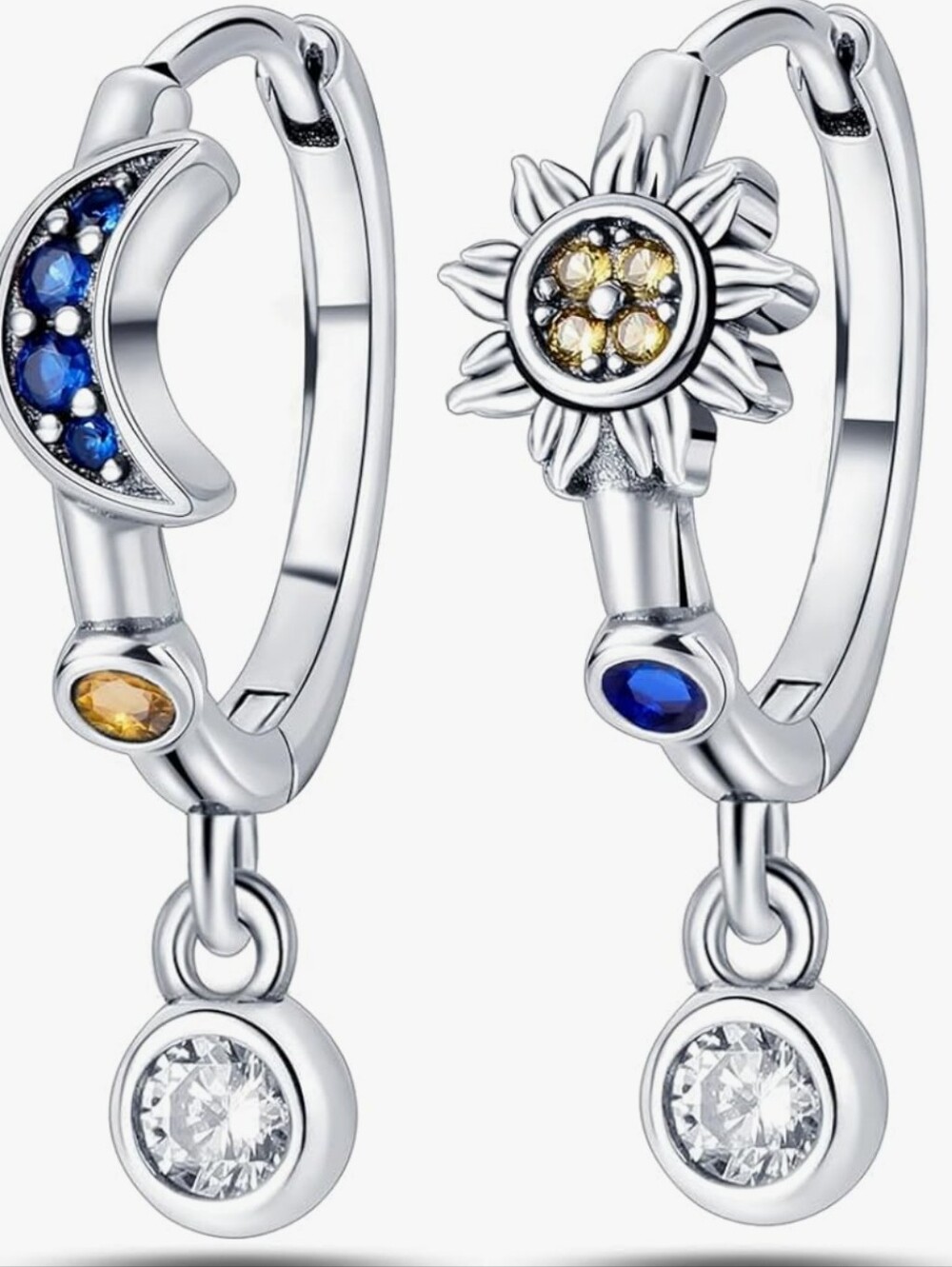 Sterling Silver Sun & Moon Hoop Earrings with Blue and Yellow Accents✨CELESTIAL